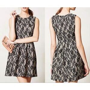 Anthropologie HD in Paris Black Lace Fit and Flare ribbed Fitted Dress Size XS